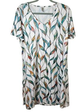Large White V-Neck Tunic Dress with Multicolor Leaf Print